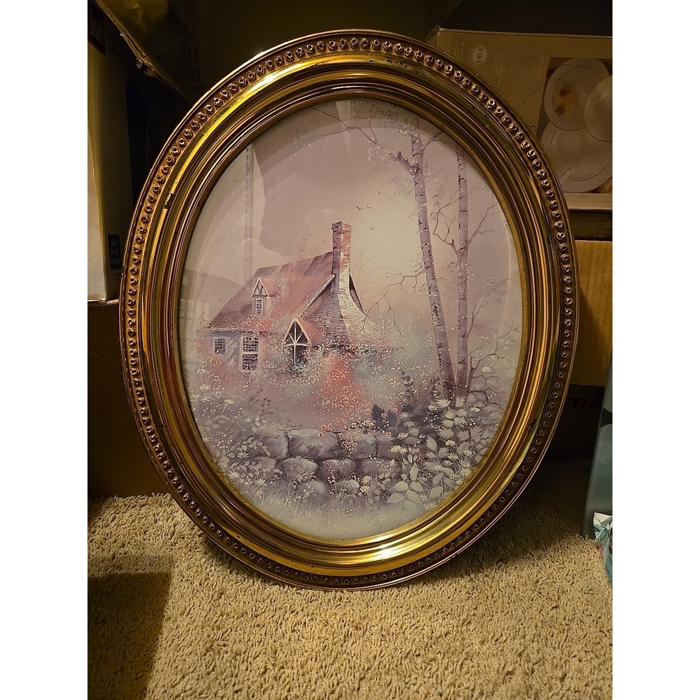 Vintage Syroco 1982 Oval Gold Plastic Picture Frame featuring‎ a "Cottage in the
